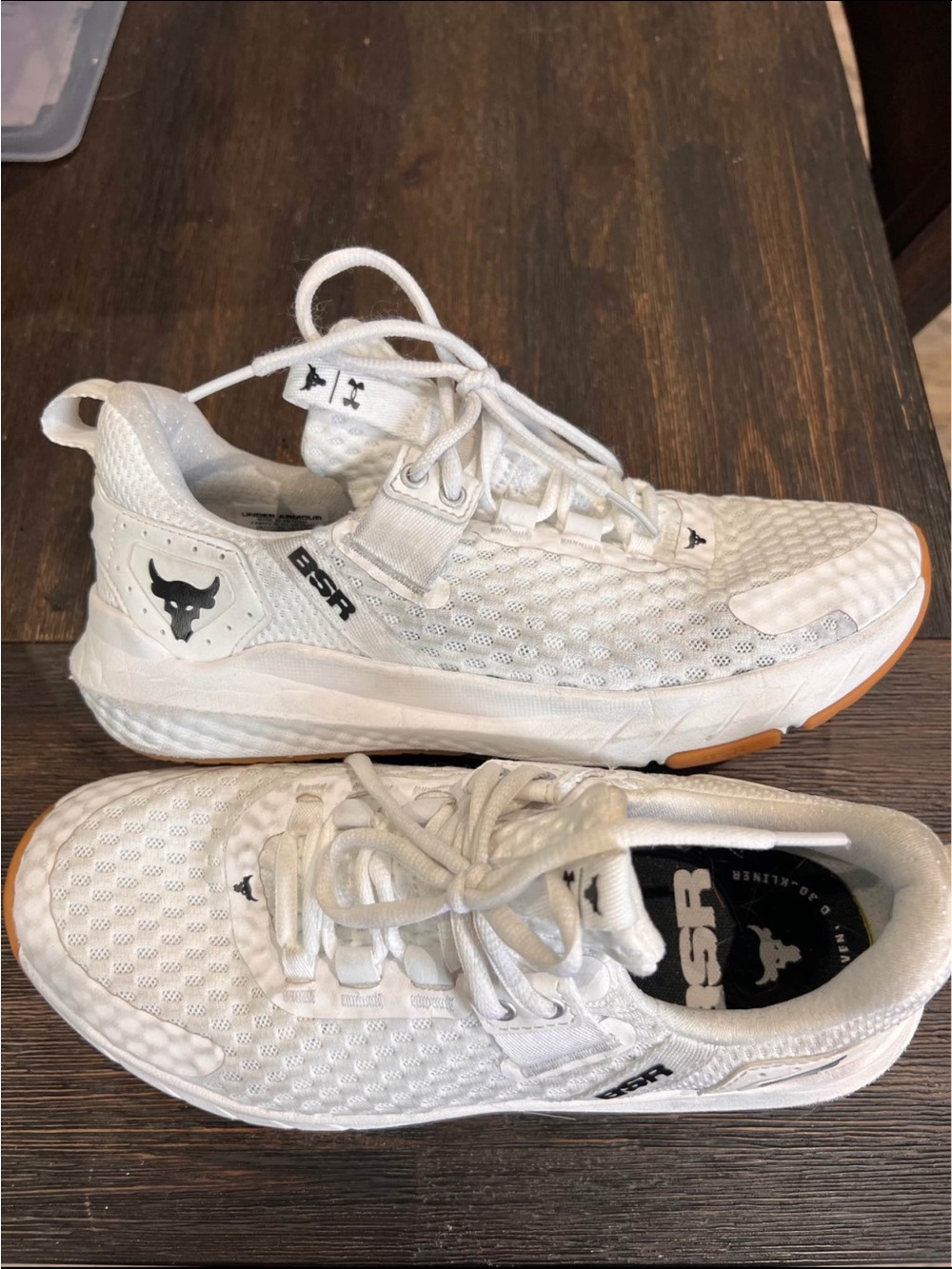Under Armour White Mesh Project Rock Training Sneakers with Gum Accents